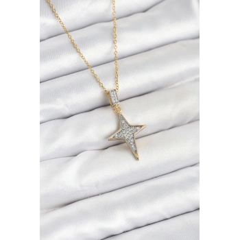 316L Çelik Zincir Gold Renk Kutup Yıldızı Model Zirkon Taşlı Kadın Kolye - TJ-BKO10610