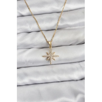 316L Çelik Zincir Gold Renk Kutup Yıldızı Model Zirkon Taşlı Kadın Kolye - TJ-BKO10839