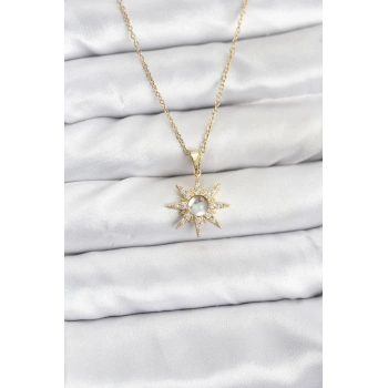 316L Çelik Zincir Gold Renk Kutup Yıldızı Model Zirkon Taşlı Kadın Kolye - TJ-BKO10861