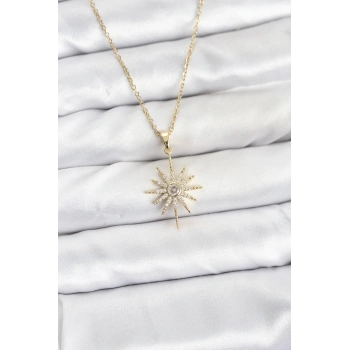 316L Çelik Zincir Gold Renk Kutup Yıldızı Model Zirkon Taşlı Kadın Kolye - TJ-BKO10877