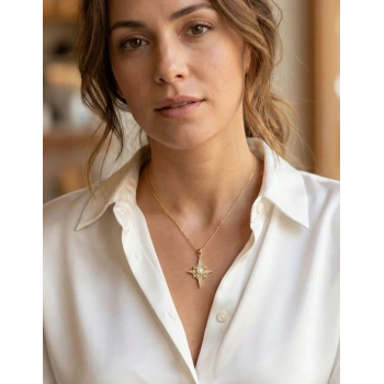 316L Çelik Zincir Gold Renk Kutup Yıldızı Model Zirkon Taşlı Kadın Kolye - TJ-BKO10893