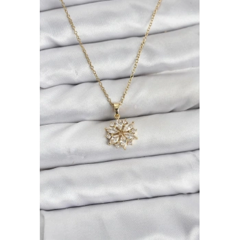 316L Çelik Zincir Gold Renk Lotus Model Zirkon Taşlı Kadın Kolye - TJ-BKO10835