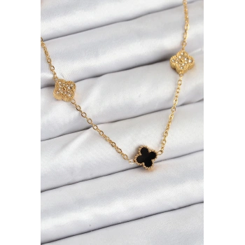 316L Çelik Zincir Gold Renk Siyah ve Zirkon Taşlı Baby Boy Yonca Kadın Kolye - TJ-BKO10592