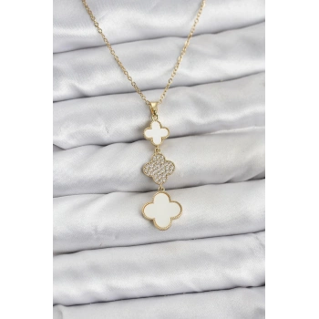 316L Çelik Zincir Gold Renk Yonca Detaylı Zirkon Taşlı Kadın Kolye - TJ-BKO10829