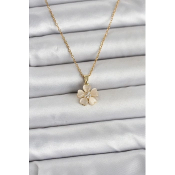 316L Çelik Zincir Gold Renk Yonca Model Kadın Kolye - TJ-BKO11020