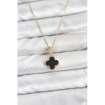 316L Çelik Zincir Gold Renk Yonca Model Zirkon Taşlı Kadın Kolye - TJ-BKO10863