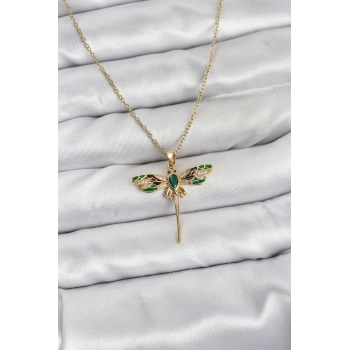 316L Çelik Zincir Gold Renk Yusufçuk Model Zirkon Taşlı Kadın Kolye - TJ-BKO10833