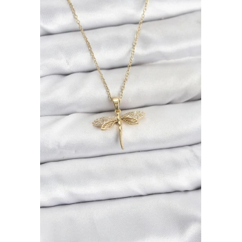 316L Çelik Zincir Gold Renk Yusufçuk Model Zirkon Taşlı Kadın Kolye - TJ-BKO10887