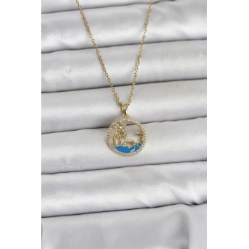 316L Çelik Zincir Gold Renk Zirkon Taşlı Deniz Temalı Kadın Kolye - TJ-BKO11032