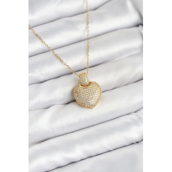 316L Çelik Zincir Gold Renk Zirkon Taşlı Kalpli Kadın Kolye - TJ-BKO10607
