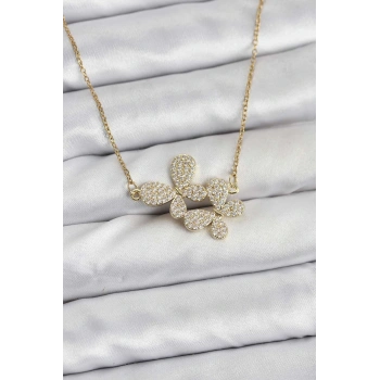 316L Çelik Zincir Gold Renk Zirkon Taşlı Kelebek Model Kadın Kolye - TJ-BKO10769