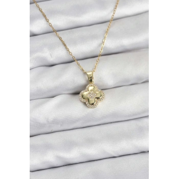 316L Çelik Zincir Gold Renk Zirkon Taşlı Yonca Model Kadın Kolye - TJ-BKO10767