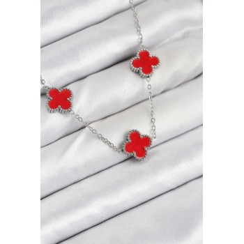 316L Çelik Zincir Gümüş Kırmızı Renk Yonca Kadın Kolye - TJ-BKO10586