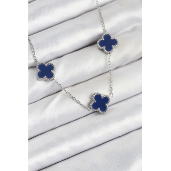 316L Çelik Zincir Gümüş Lacivert Renk Yonca Kadın Kolye - TJ-BKO10587