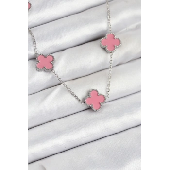 316L Çelik Zincir Gümüş Pembe Renk Yonca Kadın Kolye - TJ-BKO10584