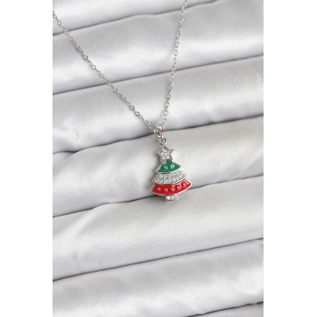 316L Çelik Zincir Gümüş Ren Çam Ağacı Model Zirkon Taşlı Yılbaşı Temalı Kadın Kolye - TJ-BKO10711