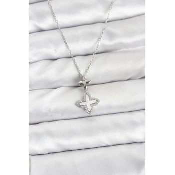 316L Çelik Zincir Gümüş Renk 4 Yapraklı Yonca Model Zirkon Taşlı Kadın Kolye - TJ-BKO10888