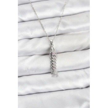 316L Çelik Zincir Gümüş Renk Balık Model Zirkon Taşlı Kadın Kolye - TJ-BKO10884