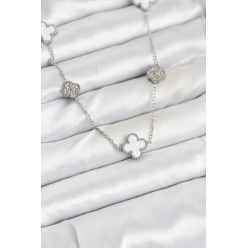 316L Çelik Zincir Gümüş Renk Beyaz ve Zirkon Taşlı Yonca Kadın Kolye - TJ-BKO10588
