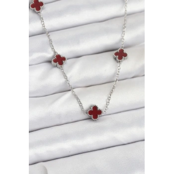 316L Çelik Zincir Gümüş Renk Bordo Baby Boy Yonca Kadın Kolye - TJ-BKO10577