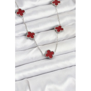 316L Çelik Zincir Gümüş Renk Bordo Renk Yonca Kadın Kolye - TJ-BKO10569