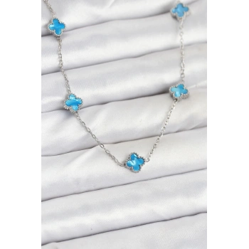 316L Çelik Zincir Gümüş Renk Buz Mavisi Baby Boy Yonca Kadın Kolye - TJ-BKO10576