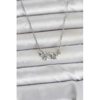 316L Çelik Zincir Gümüş Renk Çiçek ve Kelebek Model Kadın Kolye - TJ-BKO11039