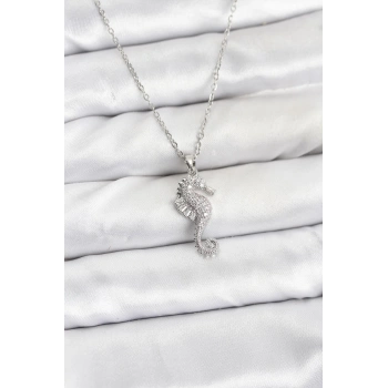 316L Çelik Zincir Gümüş Renk Deniz Atı Model Zirkon Taşlı Kadın Kolye - TJ-BKO10894