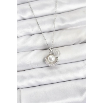 316L Çelik Zincir Gümüş Renk İncili Deniz Kabuğu Model Zirkon Taşlı Kadın Kolye - TJ-BKO10910
