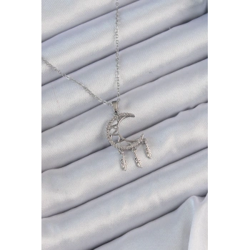 316L Çelik Zincir Gümüş Renk İşlemeli Zirkon Taşlı Ay Kolye - TJ-BKO9172