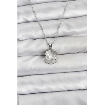 316L Çelik Zincir Gümüş Renk İstiridye İnci Model Zirkon Taşlı Kadın Kolye - TJ-BKO10851
