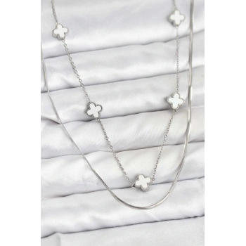 316L Çelik Zincir Gümüş Renk İtalyan Zincirli Yonca Model Kadın Kolye - TJ-BKO10779