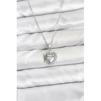 316L Çelik Zincir Gümüş Renk Kalp Model Zirkon Taşlı Kadın Kolye - TJ-BKO10882