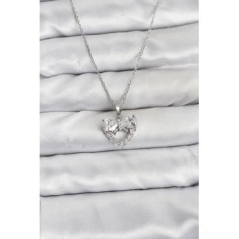 316L Çelik Zincir Gümüş Renk Kalp ve Fiyonk Model Zirkon Taşlı Kadın Kolye - TJ-BKO10849