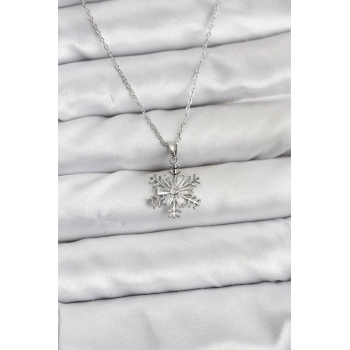 316L Çelik Zincir Gümüş Renk Kar Tanesi Model Zirkon Taşlı Kadın Kolye - TJ-BKO10830