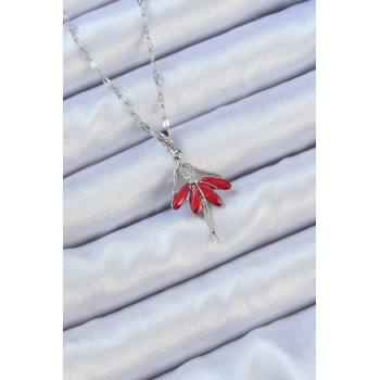 316L Çelik Zincir Gümüş Renk Kırmızı Etekli Zirkon Taşlı Balerin Kolye - TJ-BKO9100