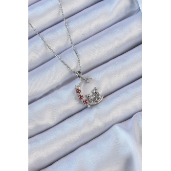 316L Çelik Zincir Gümüş Renk Kırmızı Gül Detay Kedi Figür Zirkon Taşlı Ay Kolye - TJ-BKO9130