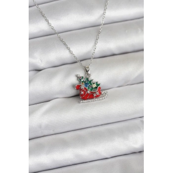 316L Çelik Zincir Gümüş Renk Kızak ve Çam Ağacı Figürlü Yılbaşı Temalı Kadın Kolye - TJ-BKO10717