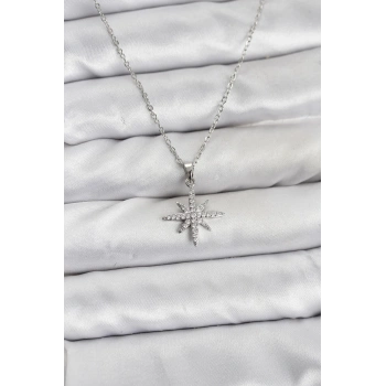 316L Çelik Zincir Gümüş Renk Kutup Yıldızı Model Zirkon Taşlı Kadın Kolye - TJ-BKO10838