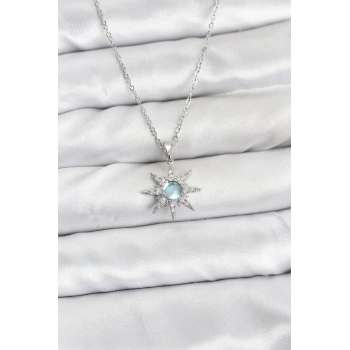 316L Çelik Zincir Gümüş Renk Kutup Yıldızı Model Zirkon Taşlı Kadın Kolye - TJ-BKO10860