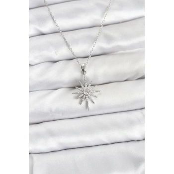 316L Çelik Zincir Gümüş Renk Kutup Yıldızı Model Zirkon Taşlı Kadın Kolye - TJ-BKO10876