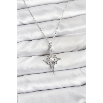 316L Çelik Zincir Gümüş Renk Kutup Yıldızı Model Zirkon Taşlı Kadın Kolye - TJ-BKO10892