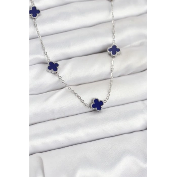 316L Çelik Zincir Gümüş Renk Lacivert Baby Boy Yonca Kadın Kolye - TJ-BKO10574