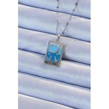 316L Çelik Zincir Gümüş Renk Mavi Mineli Ay Figür Tarot Kolye - TJ-BKO9212