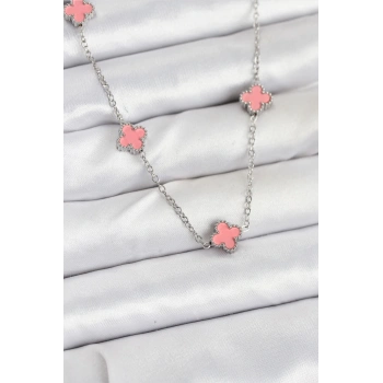 316L Çelik Zincir Gümüş Renk Pembe Baby Boy Yonca Kadın Kolye - TJ-BKO10579