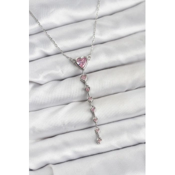 316L Çelik Zincir Gümüş Renk Pembe Kalp Kadın Kolye - TJ-BKO10821