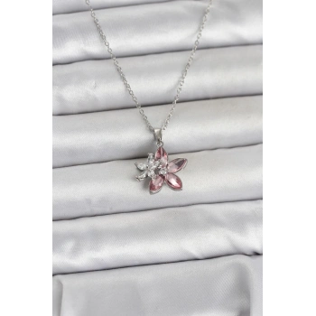 316L Çelik Zincir Gümüş Renk Pembe Lotus Model Kadın Kolye - TJ-BKO11041