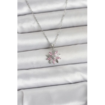316L Çelik Zincir Gümüş Renk Pembe Papatya Model Kadın Kolye - TJ-BKO11031