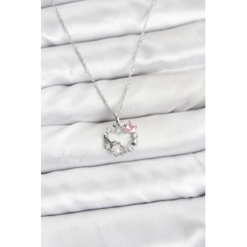 316L Çelik Zincir Gümüş Renk Pembe Taş Detaylı Çelenk Model Kadın Kolye - TJ-BKO10902