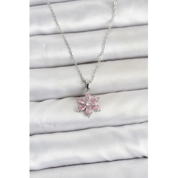 316L Çelik Zincir Gümüş Renk Pembe Zirkon Taşlı Lotus Model Kadın Kolye TJ-BKO11064